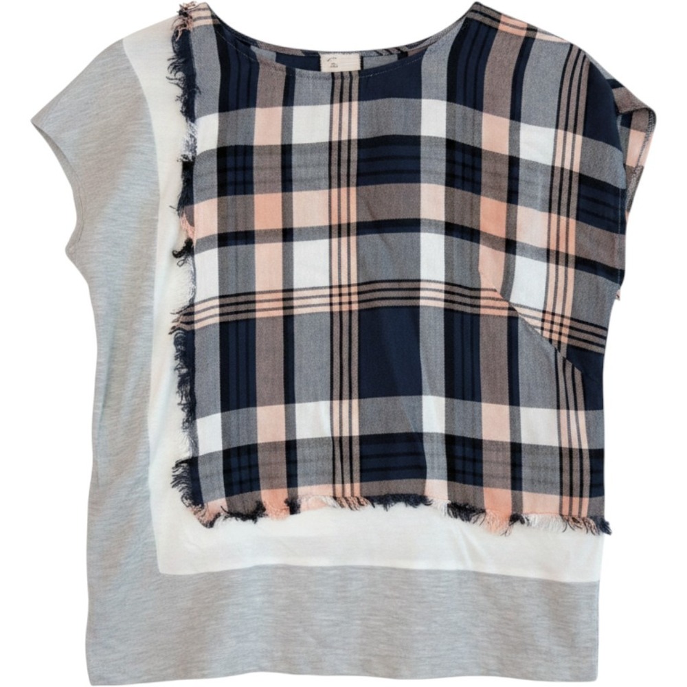Anthropologie 9-H15 STCL Womens Large Plaid Mixed Media Frayed Raw Hem Top